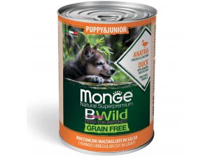 MONGE BWILD GRAIN FREE Puppy, Kačacie kúsky v omáčke s tekvicou a cuketou 400g