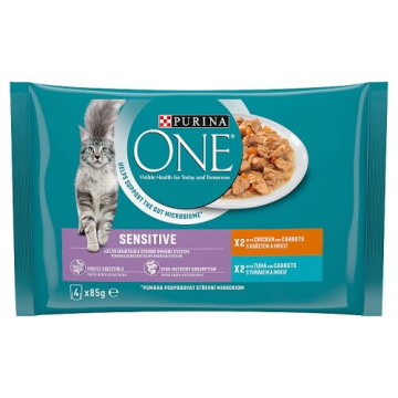 Purina ONE Sensitive cat kuře s mrkví tuňák s mrkví ve šťávě 4 x 85 g